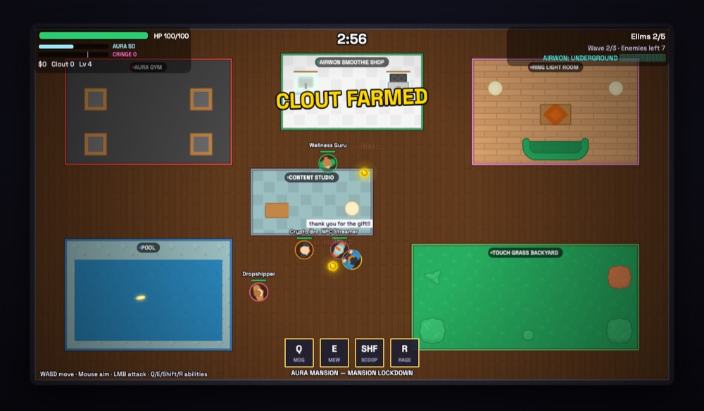 Clout Royale mission: top-down arena fight against parody creator characters
